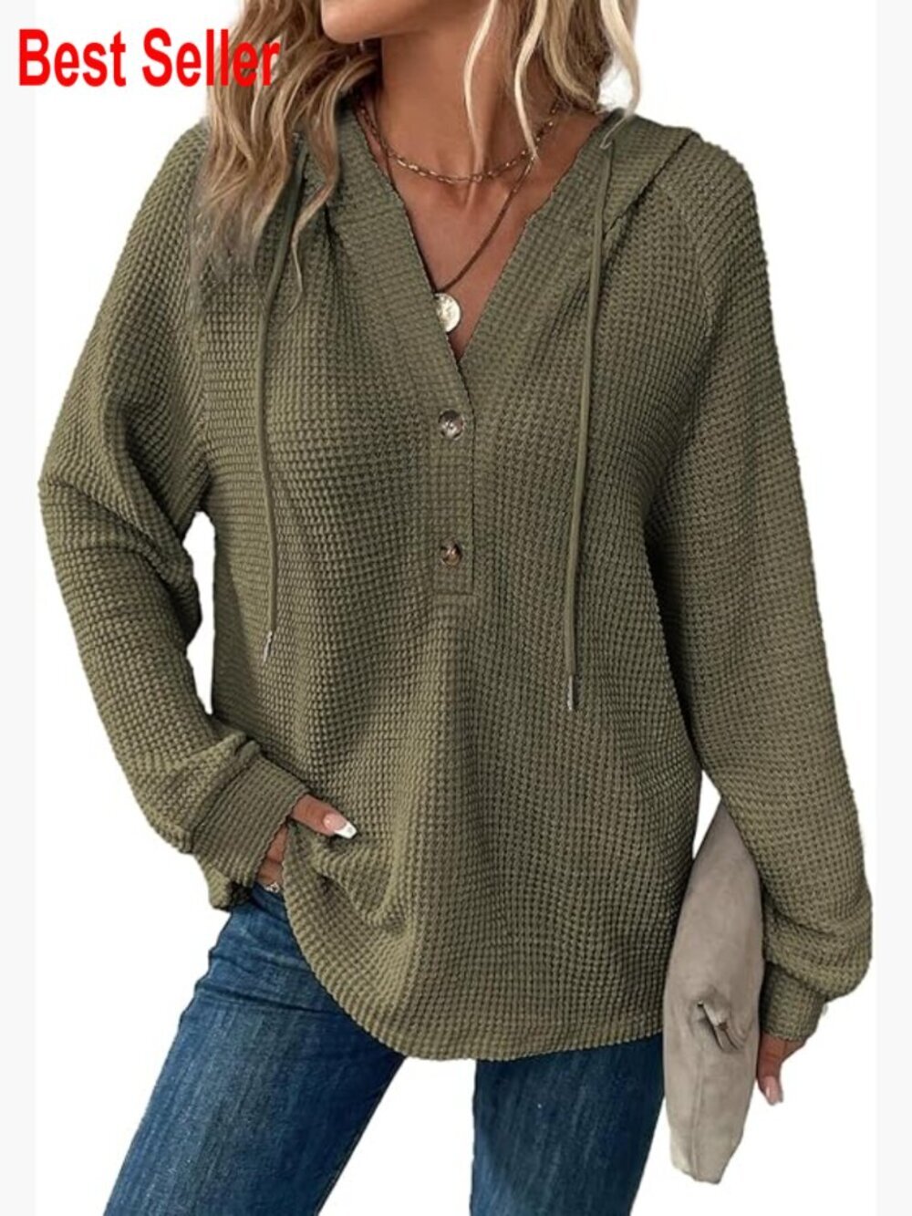 Waffle Knit Long Sleeve Drawstring V Neck Casual Sweatshirt Hooded Top
